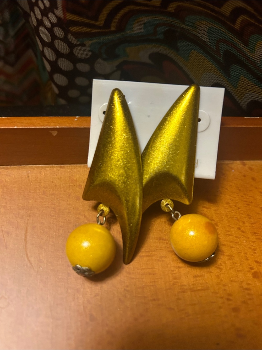 Vintage Gold Space Astro MCM Dangle Earrings with Yellow Bead Accents